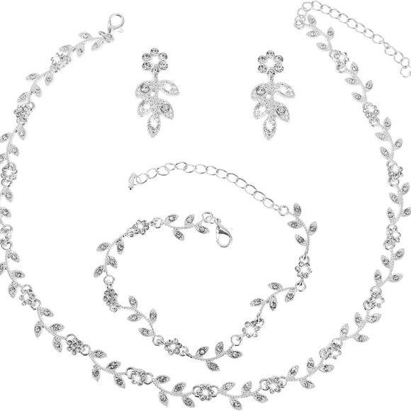 Jewelry - 4 Pcs Crystal Rhinestone Wedding Set for Women Silver Wedding Necklace and Earri